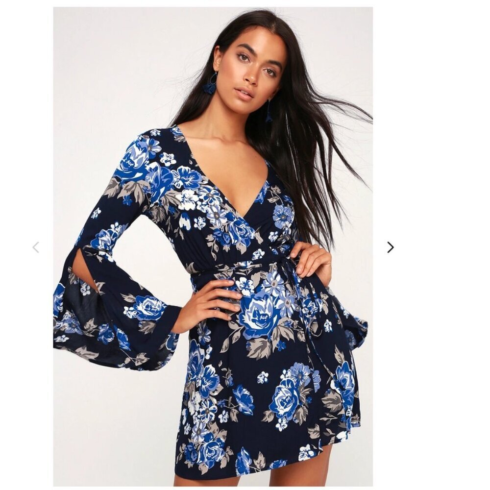 Lulu's Navy Blue Rose Wrap Bell Sleeve‎ Open Back Mini Dress